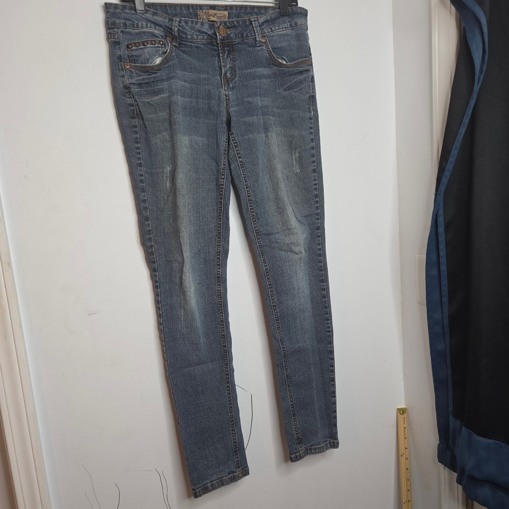 WallFlower Magnolia Skinny Jeans Blue Embroidered Cross Rhinestone Size 11